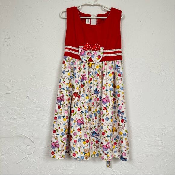 Teddy Bear Print Colorful Little Girls Summer Dress Kids 8 Sleeveless Bow Red - Picture 1 of 11